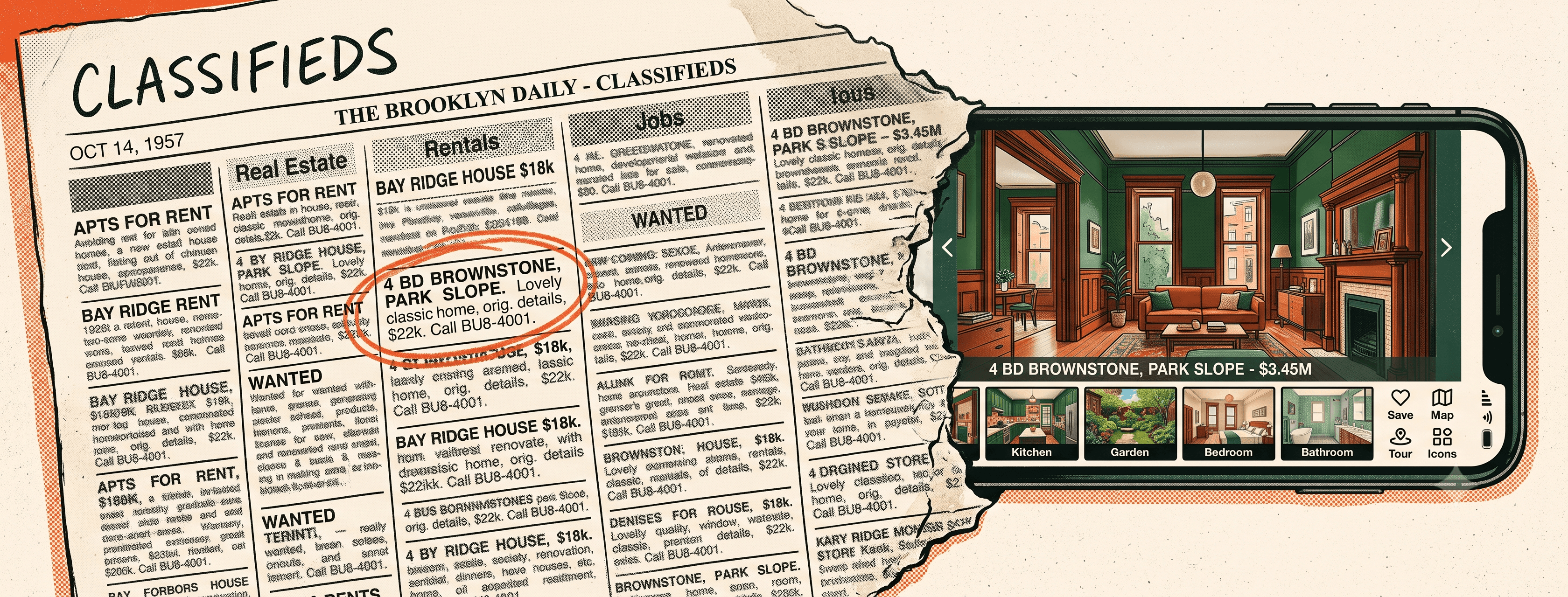 Vintage classifieds transforming into a modern phone listing carousel