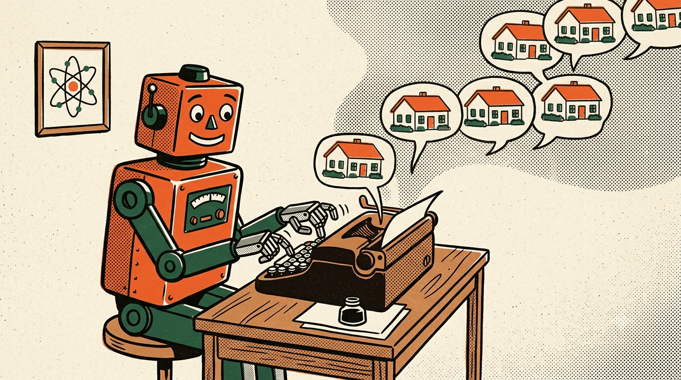 Retro robot at a typewriter producing identical cookie-cutter house posts